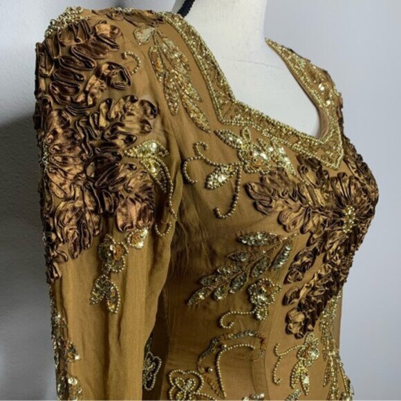 Isabella Vintage Silk Golden Sequin Beaded Embellished Evening Gown - Picture 10 of 16